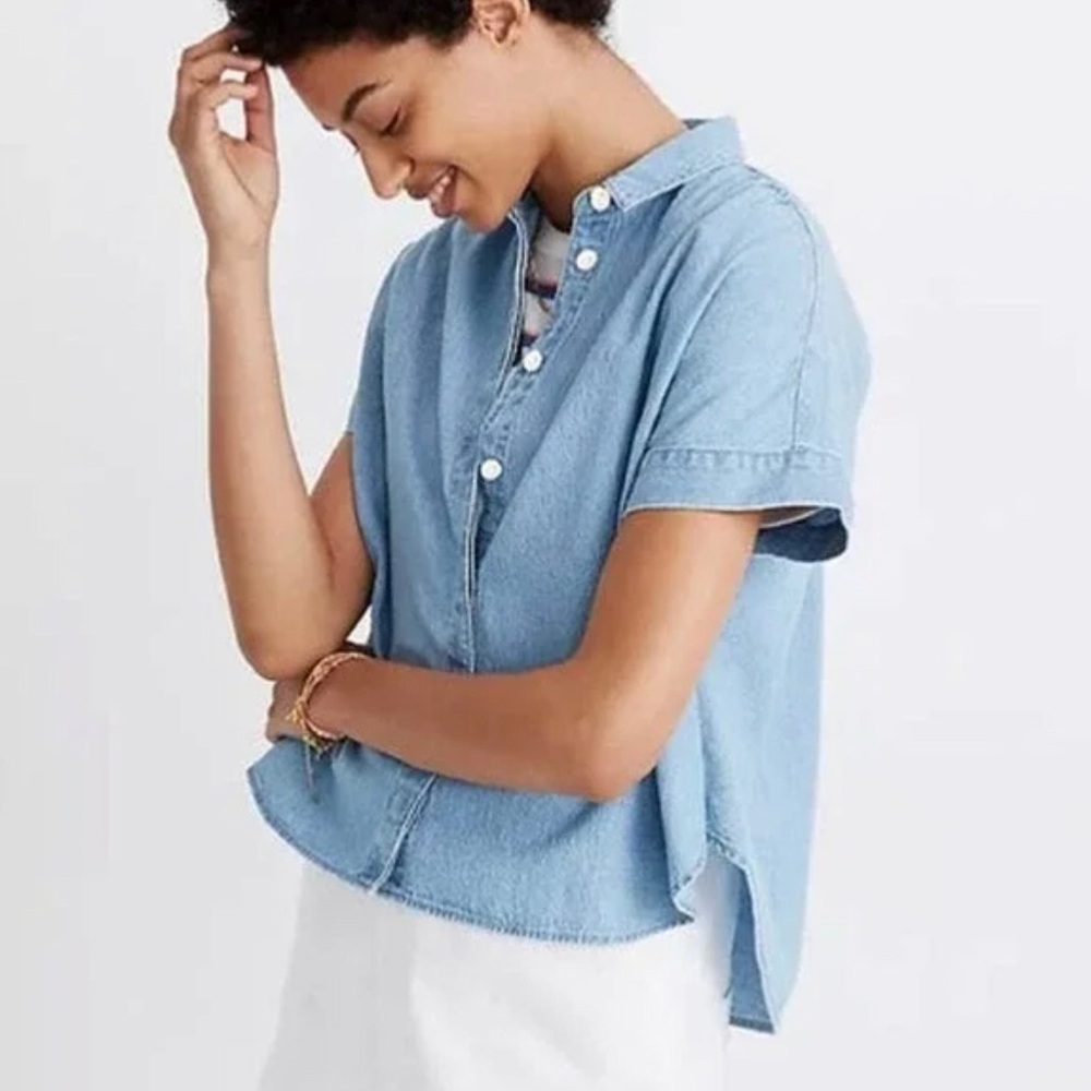 Madewell Women’s Hilltop Chambray Short Sleeve Button Down Top, Size XXS